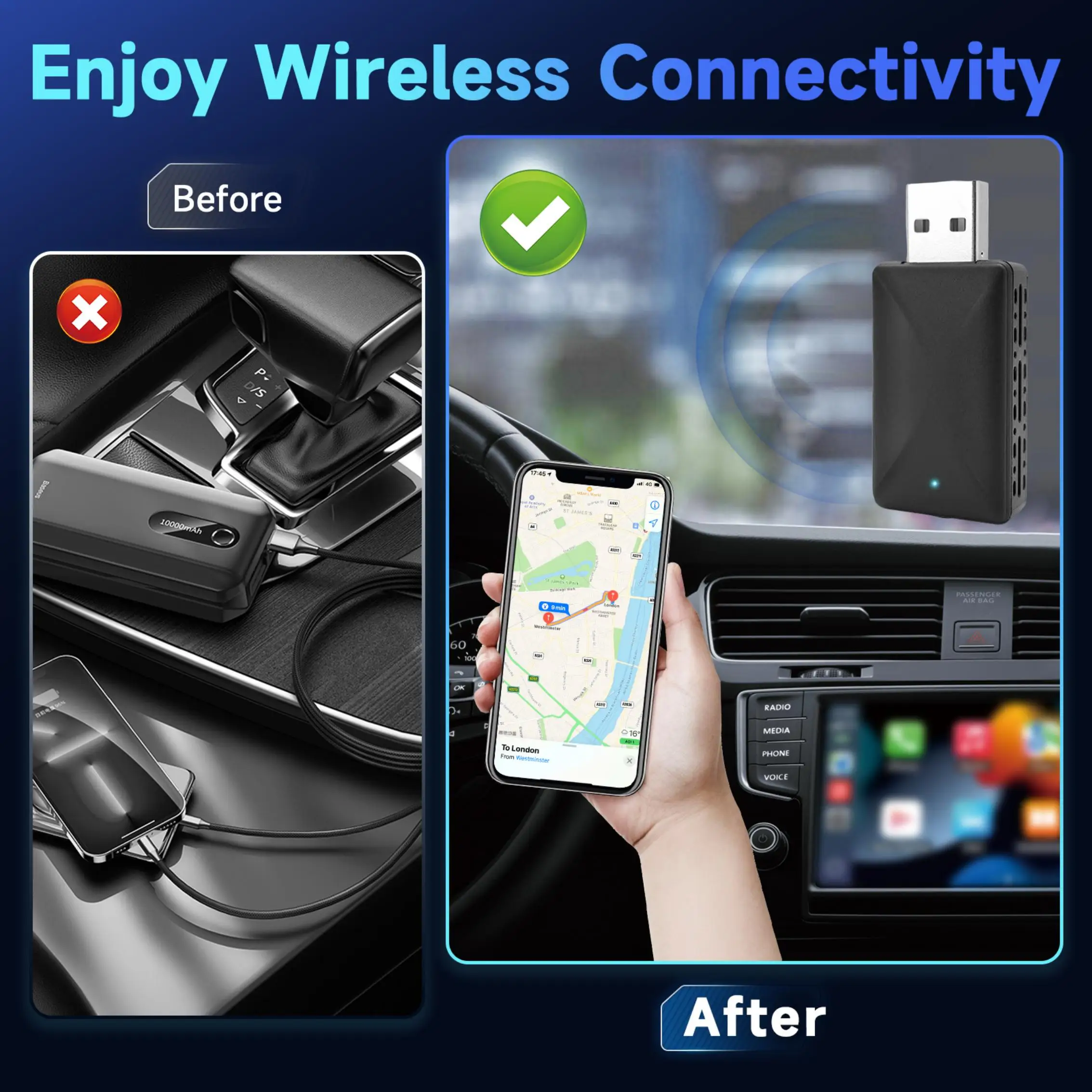 2-in-1 draadloze CarPlay & Android Auto-adapter, Plug & Play CarPlay converteert bedraad naar draadloos, snelle automatische verbinding, geen vertraging