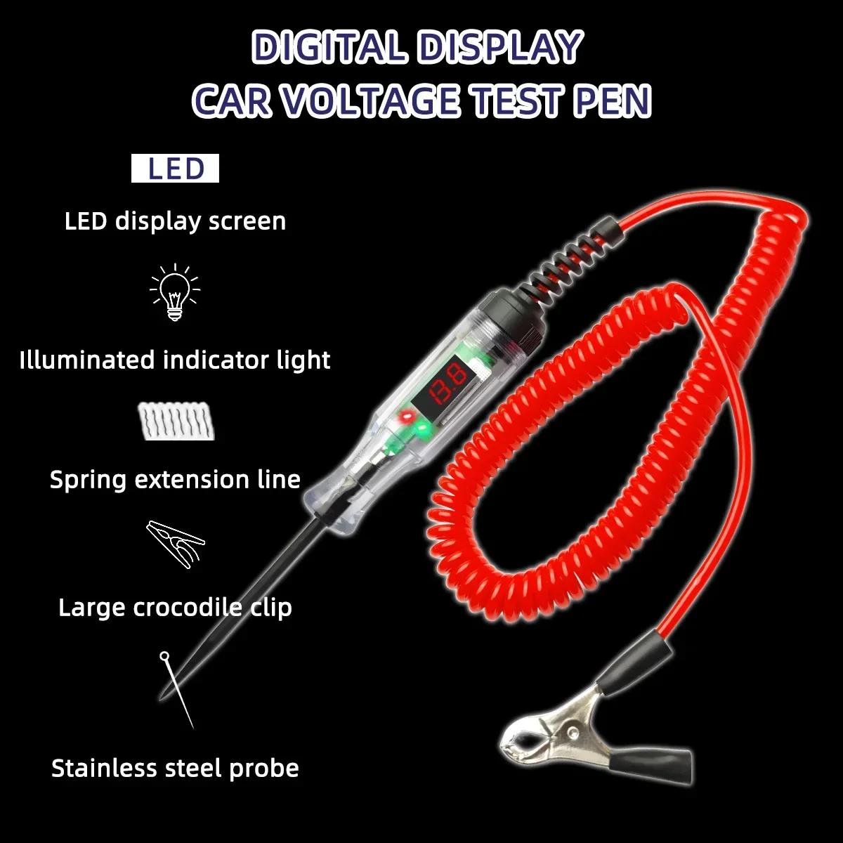 Probador de circuito automático Max 90V, probador de voltaje de camión, probador de circuito automático, pluma de prueba de sonda de diagnóstico automático DC 6V 12V 24V