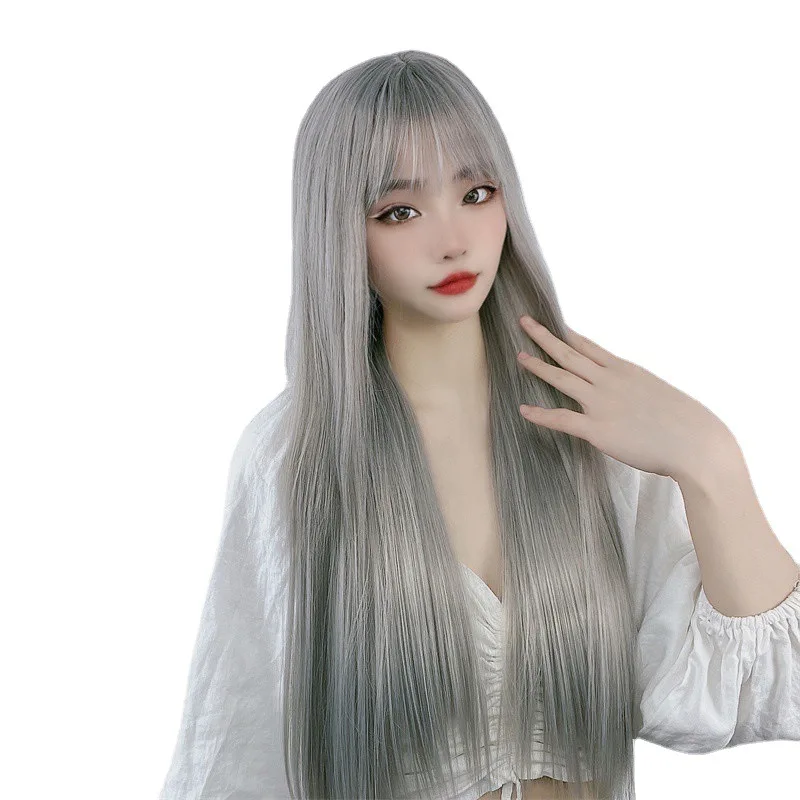 Graue Pony-Perücke mit langem glattem Haar, universelle Cos-Perücke mit langem Haarimitat, Damenperücke