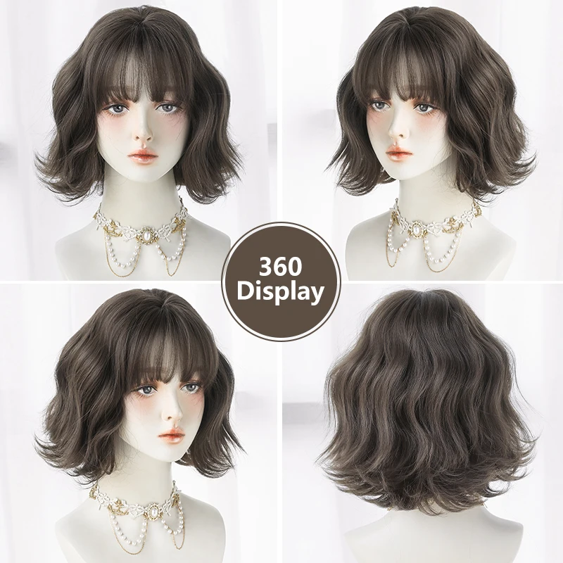 7JHH WIGS คลื่นสั้นสีน้ําตาล BOB วิกผมสําหรับผู้หญิงทุกวันสังเคราะห์ความหนาแน่นสูงแฟชั่นหยัก Cool สีน้ําตาลผมวิกผม Neat Bangs
