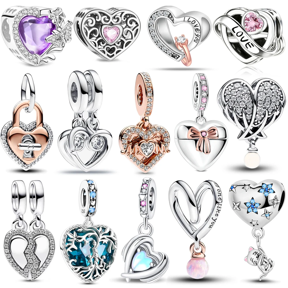 Süßer 925er-Sterlingsilber-Charm „Love You Mom“ mit verschlungenen unendlichen Herzen, passend für Original-Armbänder für Damen, Halskette, edler Schmuck