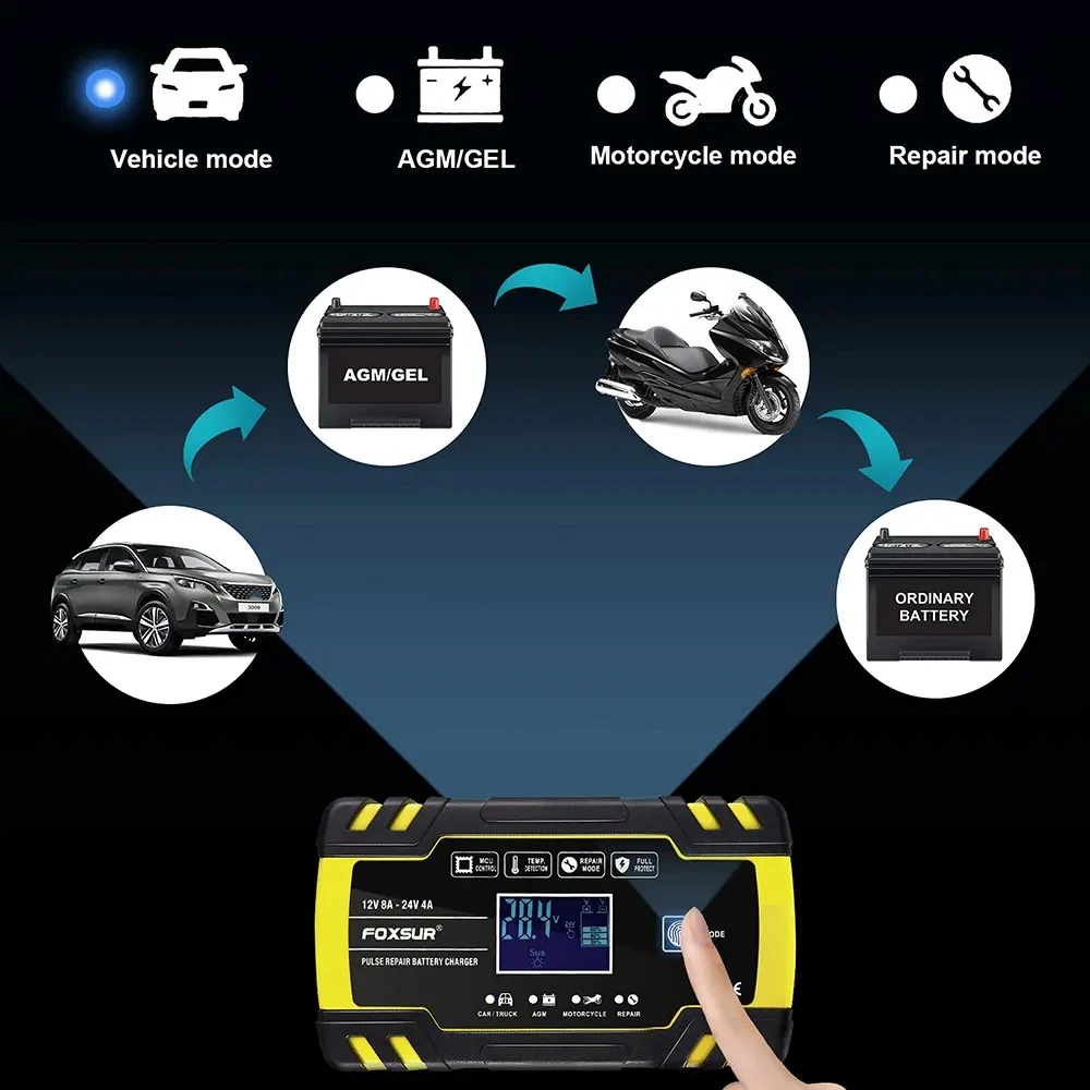FOXSUR 12V 24V 8A Automatyczna ładowarka do akumulatorów 3-stopniowa naprawa impulsów Wyświetlacz LCD Inteligentna ładowarka do akumulatorów samochodowych ŻEL/AGM ZEWET kwasowo-ołowiowy