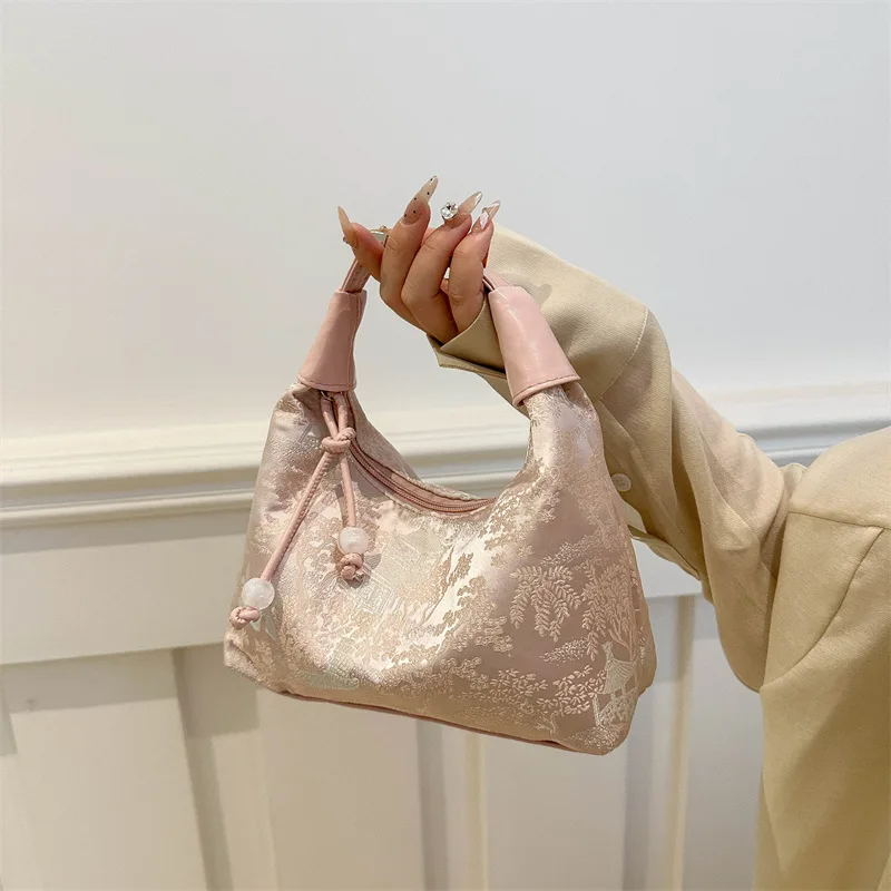 Retro Embroidery Women Handbag Adjustable Shoulder Straps Fashion Cheongsam Accessories Pearl Pendant Small Bucket Handbag