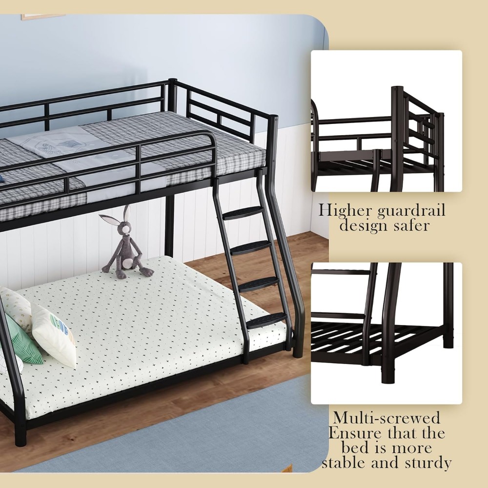 Metal Bunk Bed, Full Size Bed Frame for Adults, Twin Over Full Bunk Bed with Safety Guardrail and Ladder, Bed Twin (Black)
