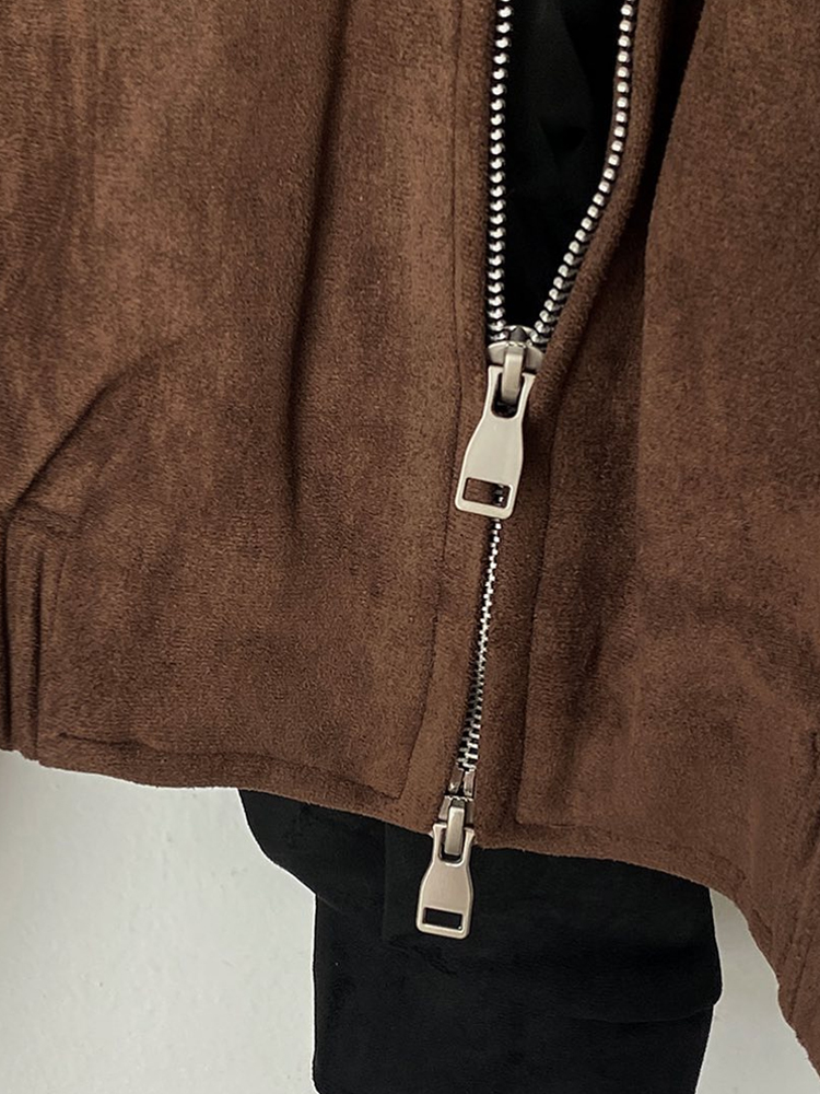 Jaqueta E Vintage de Camurça com Estampa de Veado para Mulheres, Casaco Solto de Crimento Médio com Gola Alta, Esti...