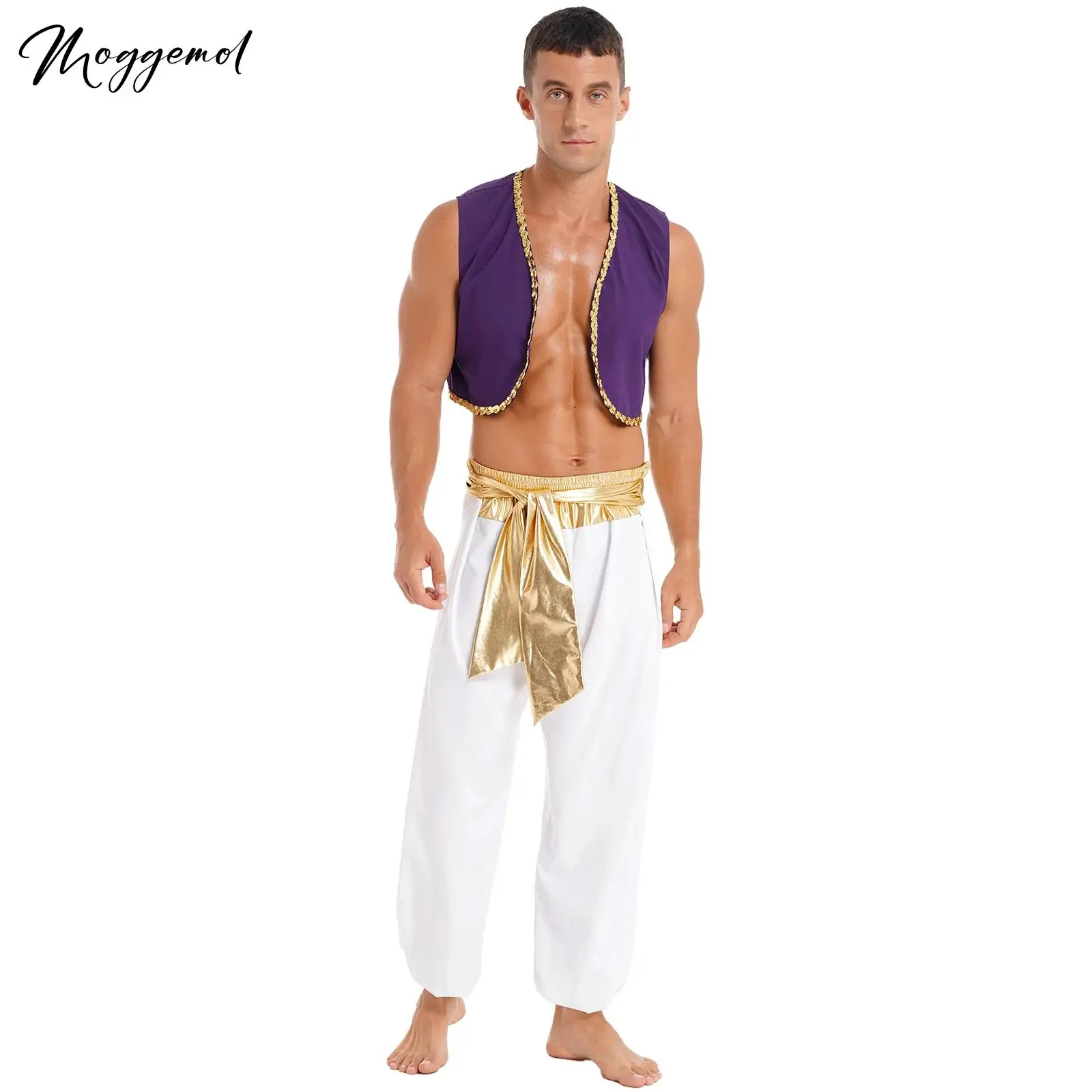 Disfraz de Aladin para hombre, disfraz de Príncipe Árabe, chaleco, pantalones Harem, traje para fiesta de Halloween, Carnaval, puesta en escena