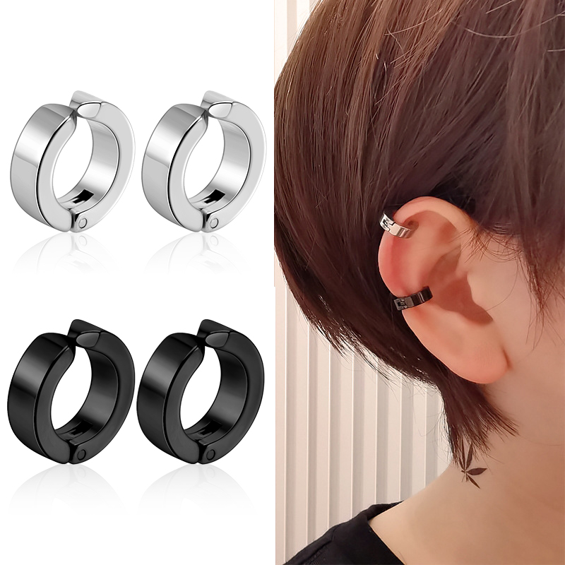 2 pçs clássico coreano punk aço inoxidável clipe de orelha brincos para homens mulheres preto sem piercing falso orelha círculo nova pop jóias