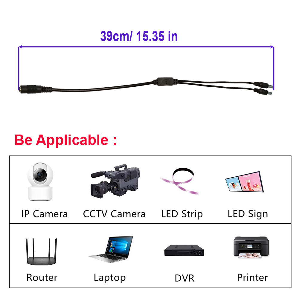 DC-Strom-Y-Splitter-Adapter, 5,5 mm x 2,1 mm, 1 Buchse auf 2/4 Stecker, Drahtstecker für Sicherheits-CCTV-Kamera-Router, LED-Modem