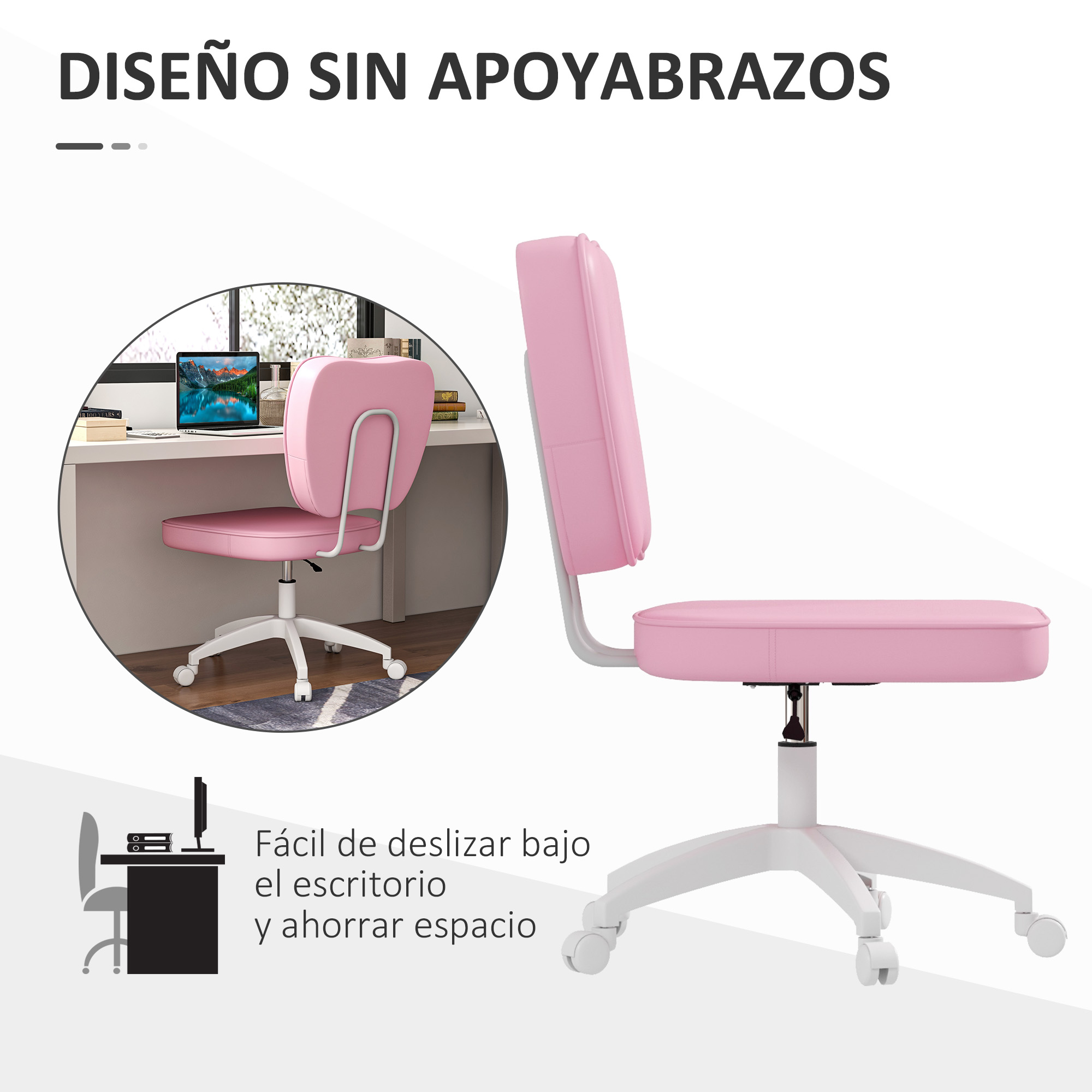 Vinsetto-Cadeira sem braços PU Desk, Rosa, 46x80-92 cm