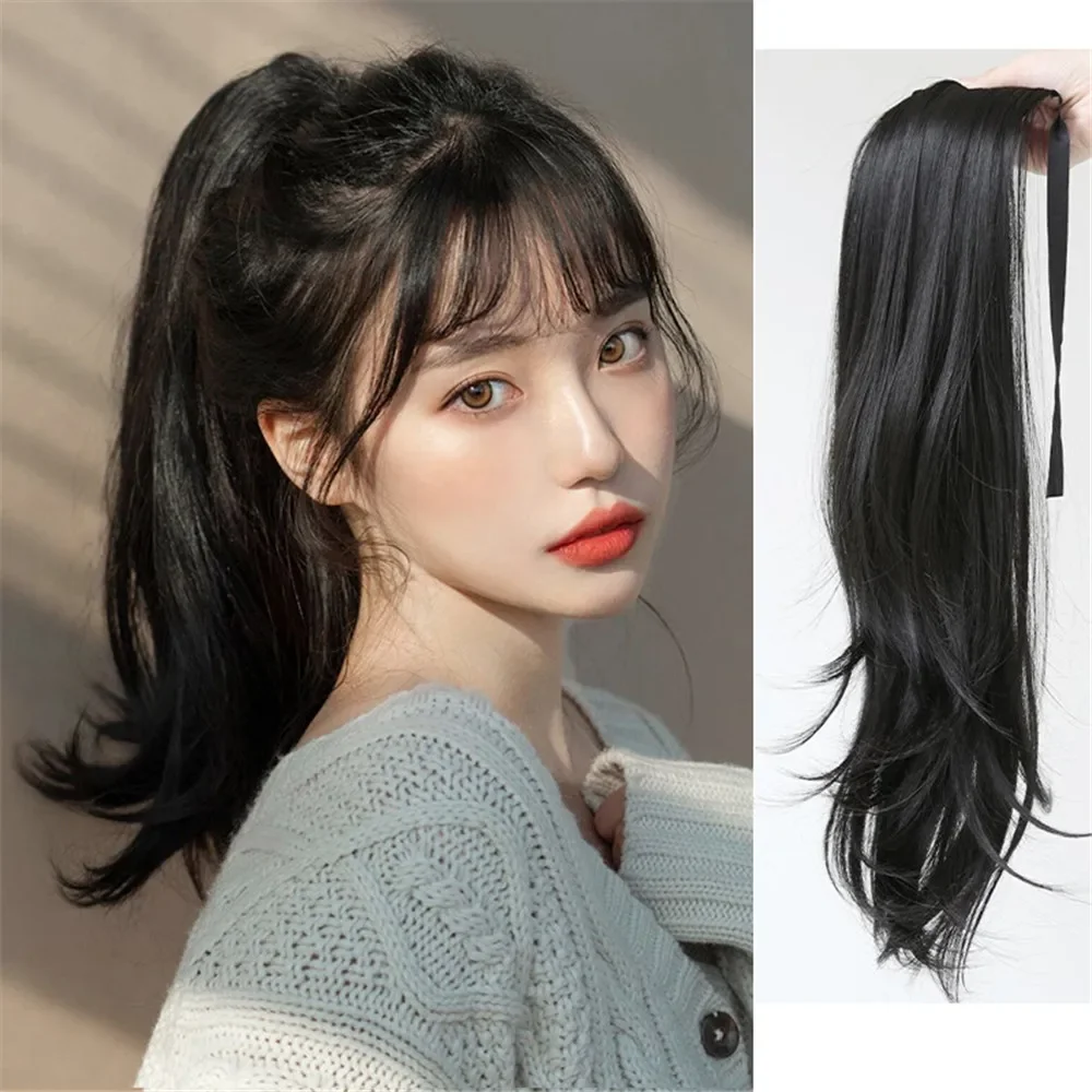 45cm mulher peruca sintética natural longa reta rabo de cavalo tipo bandagem peruca cauda cabelo encaracolado peruca peça extensões de cabelo