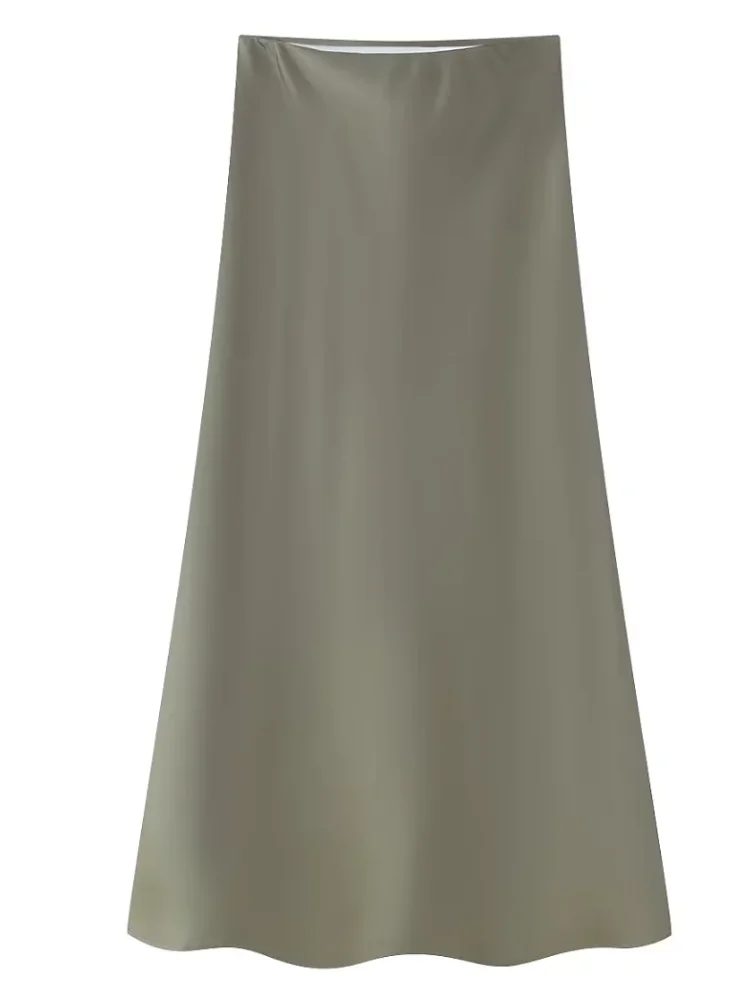 ZEVITY 2024 Donne di Modo di Colore Solido Morbido Raso Midi Gonna A Vita Alta Femminile Vintage Casual Sottile Una Linea Gonne Mujer QUN6227