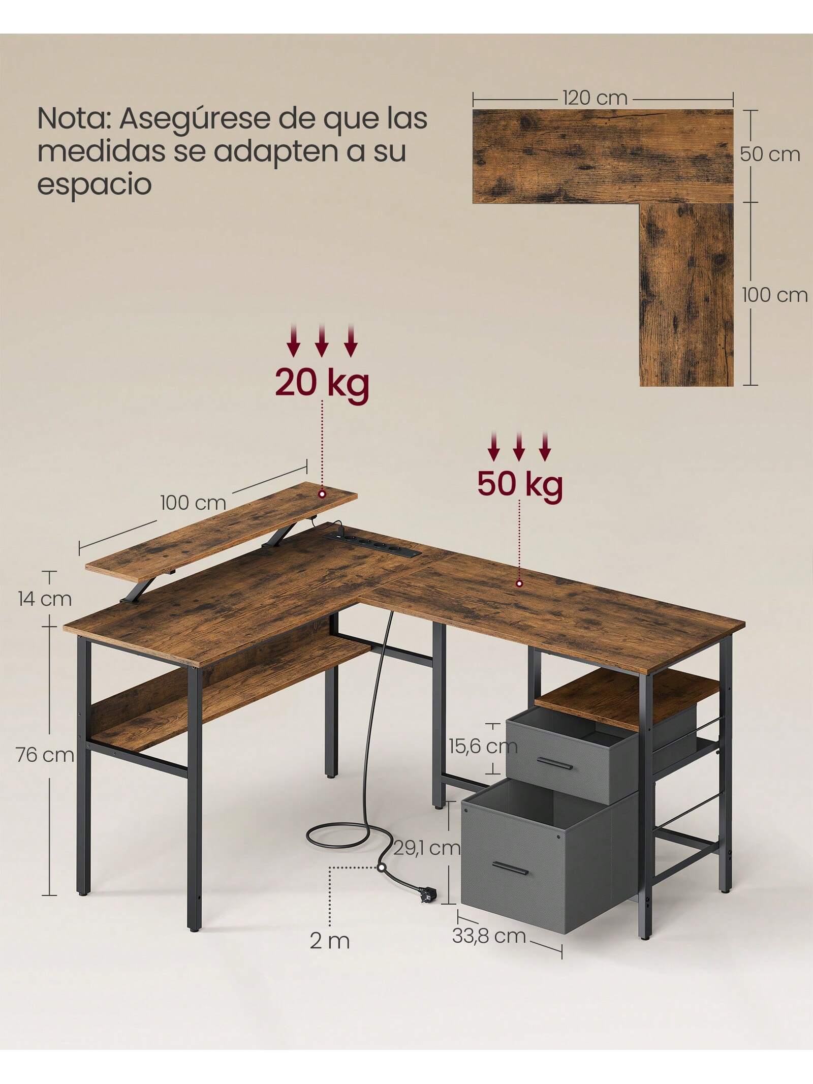 VASAGLE L-Shaped Gaming Desk: Power Outlets, Monitor Stand, LED Lights. 2 Drawers, Easy Assembly. Home Office. Rustic Brown.
