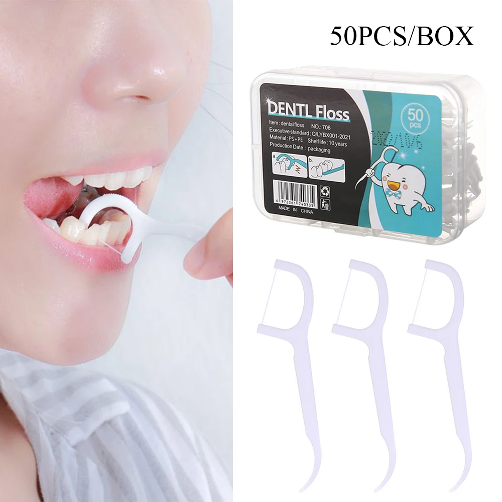 손잡이가 있는 일회용 치과 이쑤시개, 치아 청소 도구, 휴대용 구강 위생 관리 용품, 50 개, 신제품