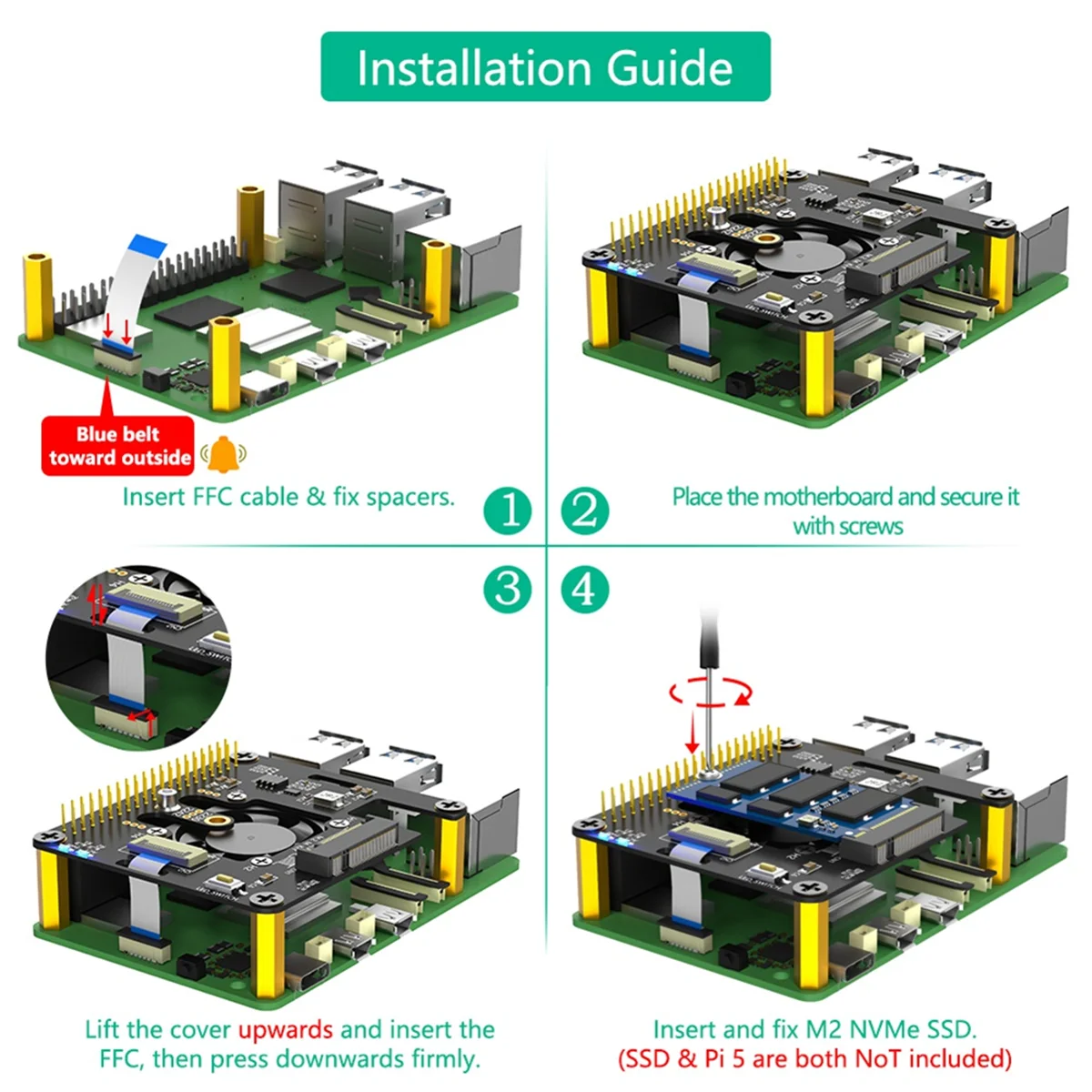 XFDE For Raspberry Pi 5 M.2 NVME to PCIe Adapter Supports M2 2230 2242 M Key NVME SSD with Cooler Automatic Discoloration LED