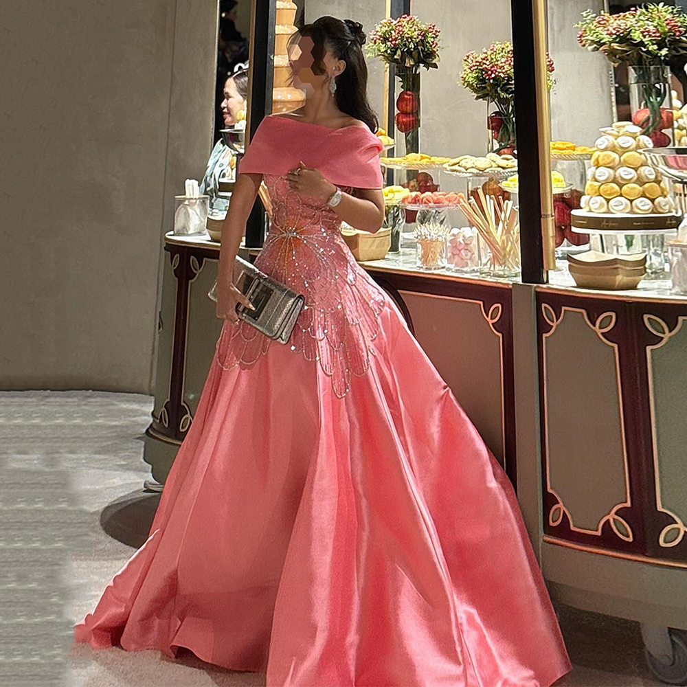 Robe de Soirée en Satin, Personnalisée, Col Bateau, Perles, Ligne A, Style Arabe