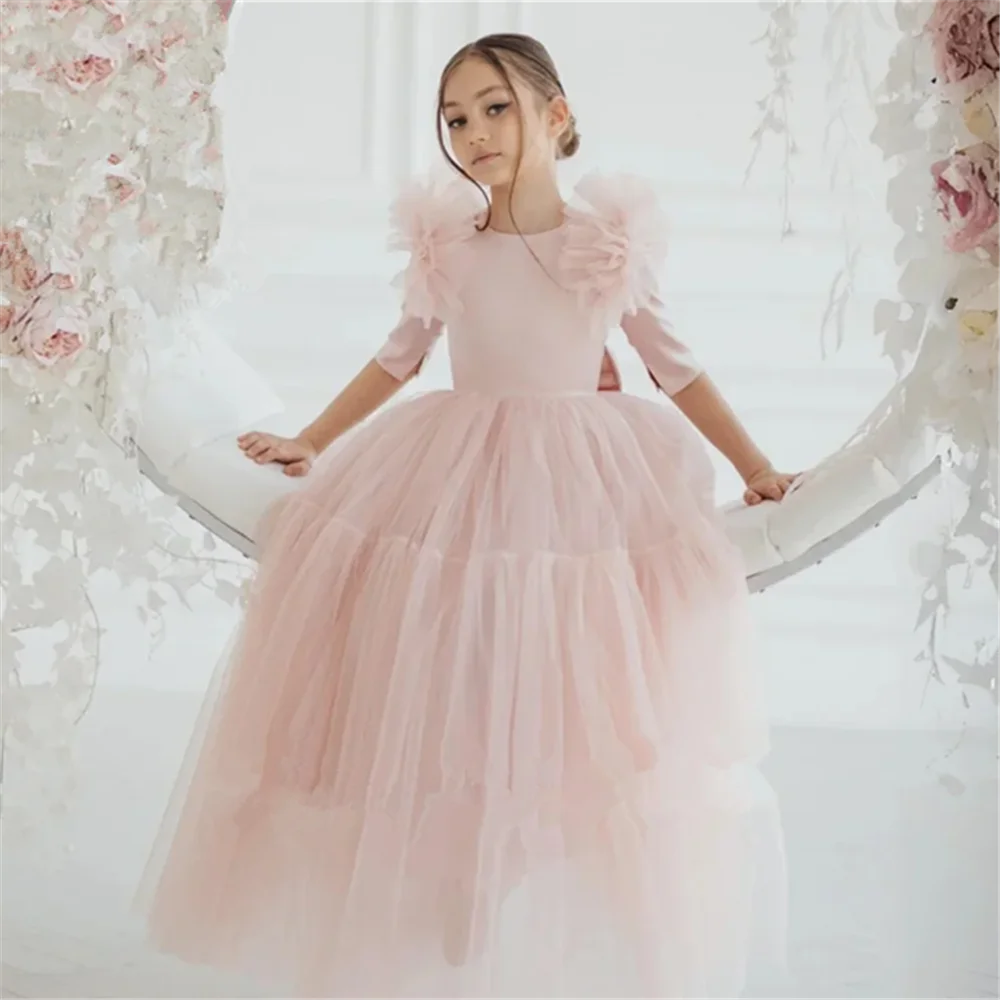 Rosa Blumenmädchenkleider aus Tüll mit Schleife und halben Ärmeln für Hochzeit, Geburtstag, Party, Bankett, Prinzessinnenkleider