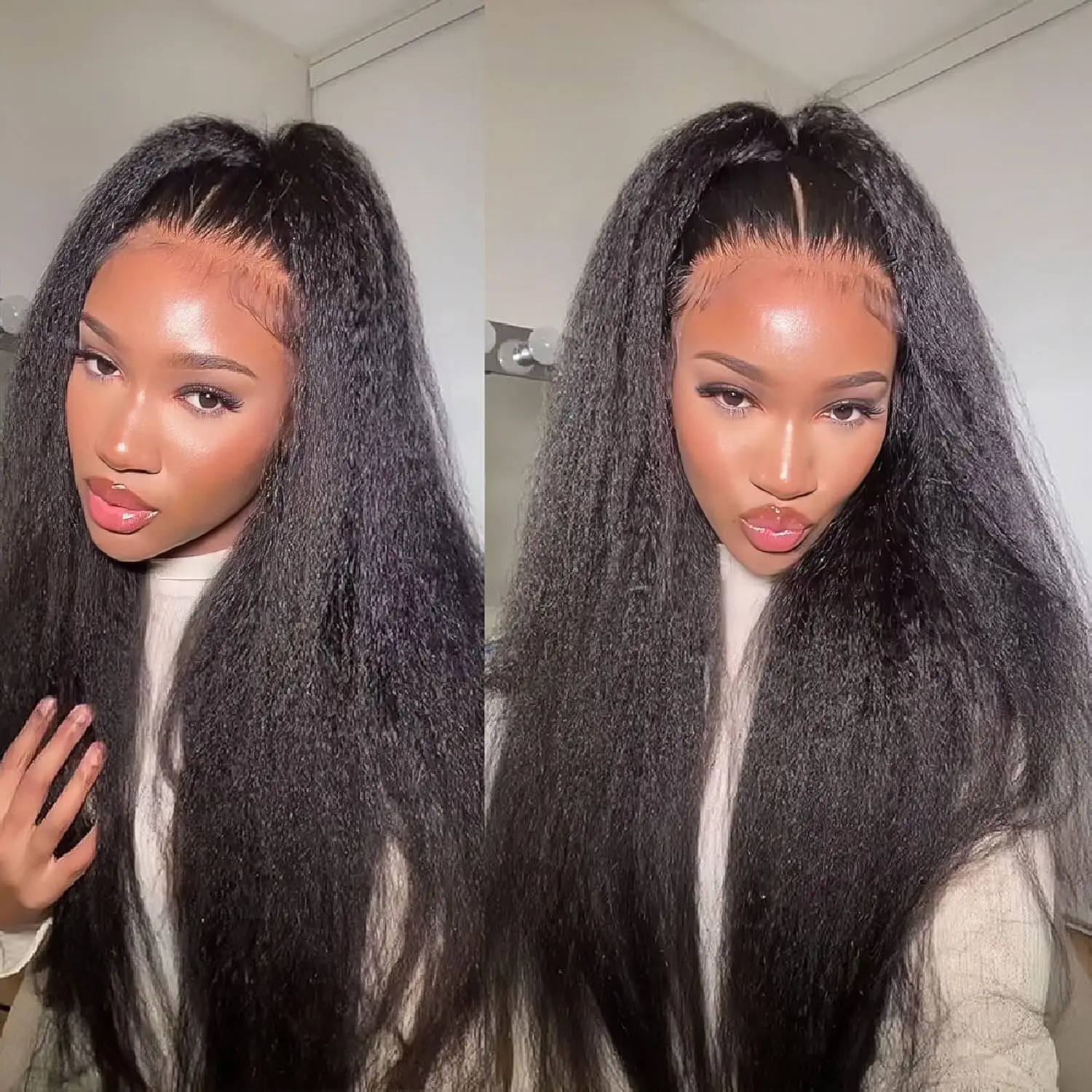 Peruki typu Lace Front Yaki Kinky Straight z ludzkich włosów, 34 cale, 13x6 transparentna peruka typu HD Lace Frontal, wstępnie wyskubana z baby hair dla kobiet.