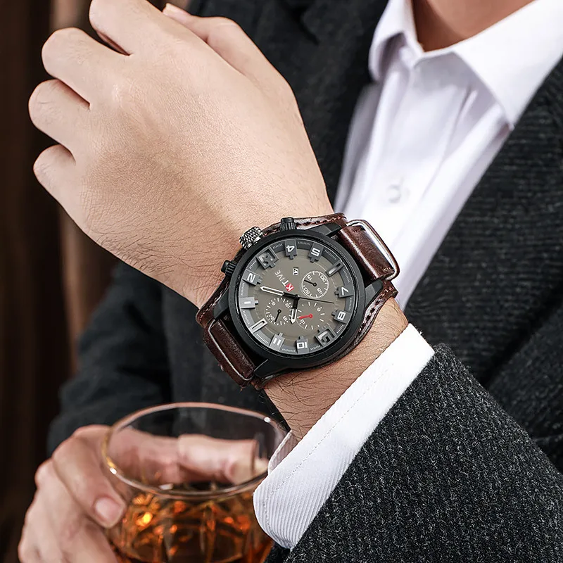 YIKAZE Retro นาฬิกาผู้ชายคลาสสิกหรูหราธุรกิจควอตซ์นาฬิกาแฟชั่น Big Dial สายหนังวันที่นาฬิกาข้อมือทหารสําหรับชาย