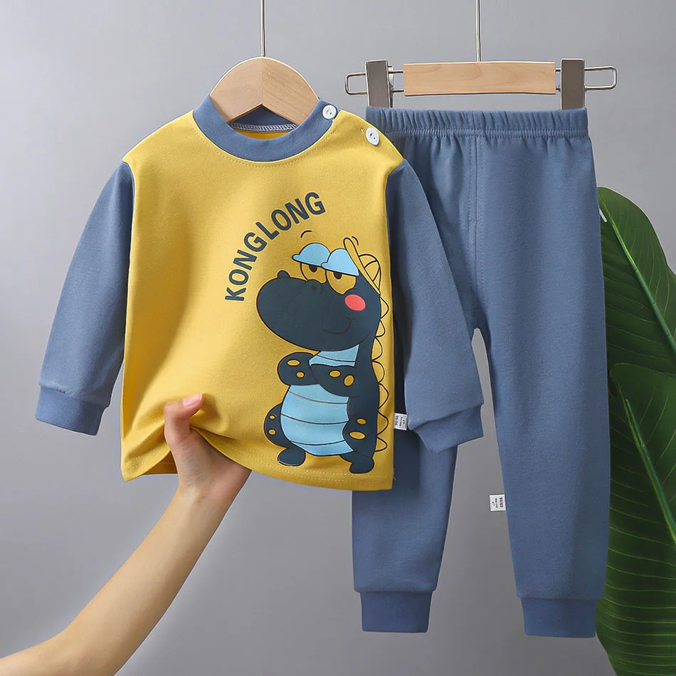 Cotton Kids Clothing Set Children Soft Autumn Long Sleeve Tops and Pants Outfit Pajamas Boy Girl Cartoon Dino Sleepwear Homewear