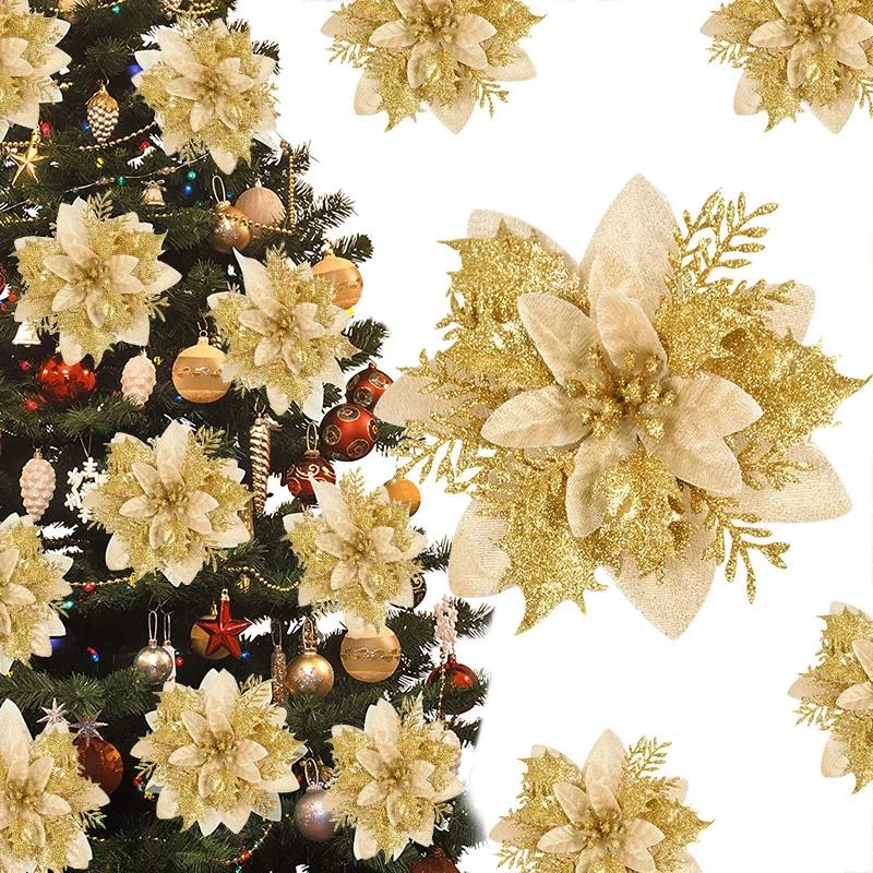 3 uds 14cm flores de Navidad brillo Artificial rojo oro flor cabeza baya DIY adorno de árbol de Navidad decoraciones para el hogar Año Nuevo