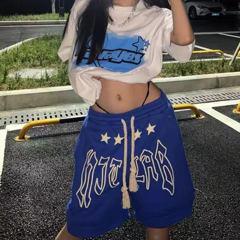 Verano con cordones Y2K pantalones cortos sueltos para parejas Klein azul americano Vintage calle cintura elástica hasta la rodilla pantalón corto de chándal mujer letra