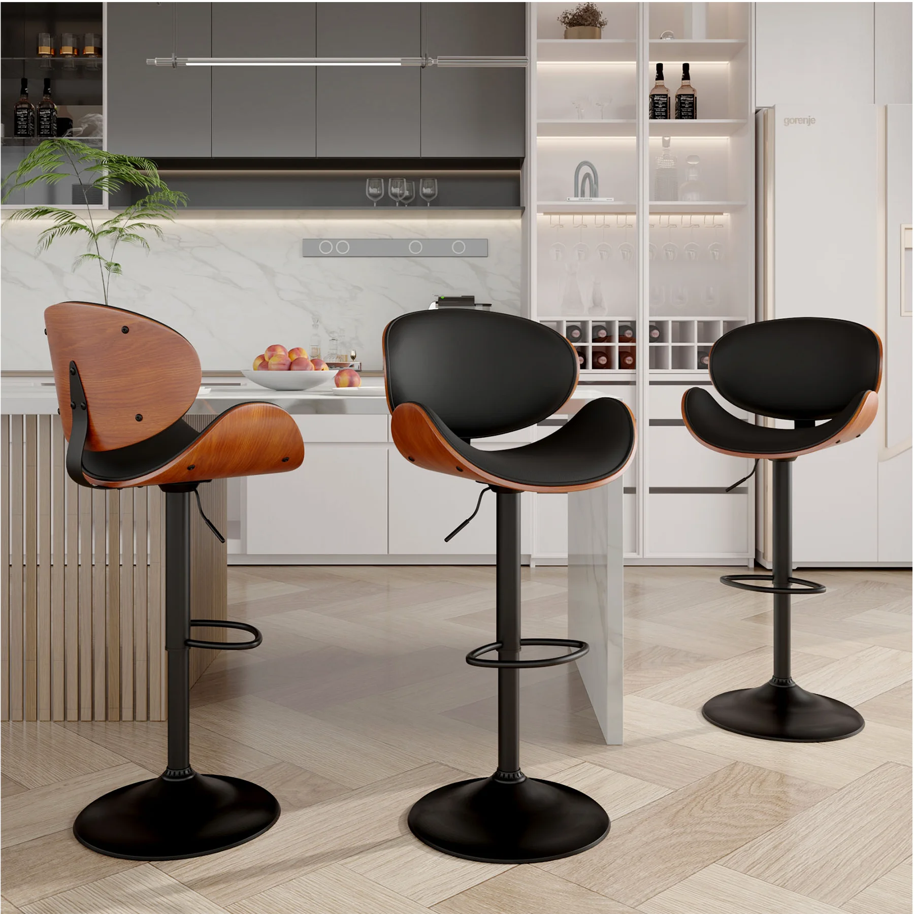 2 Pcs Bar Chair, 360 Degrees Swivel °   Rotatable Bar Stool with Backrest and Footrest, Pu Leather Upholstered, Suitable for Bar, Kitchen, Dining