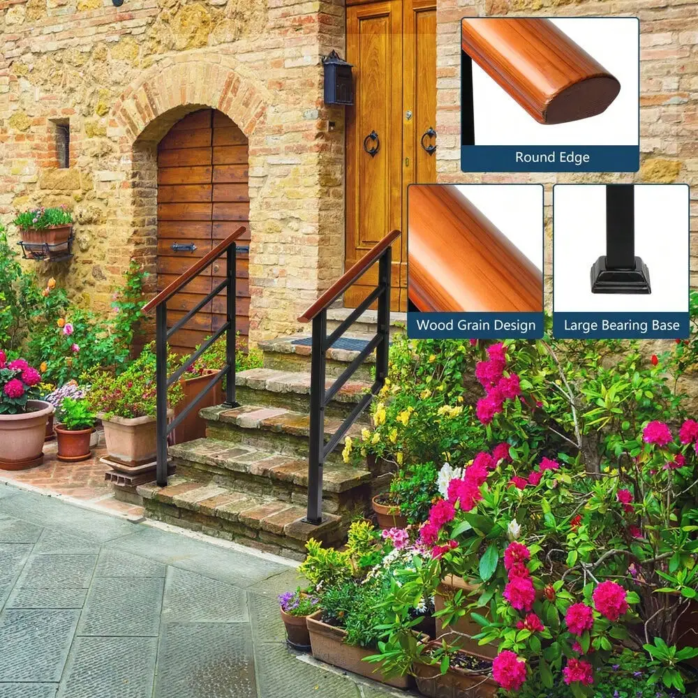 Handrails for Outdoor Steps, Wrought Iron Solid Wood Hand Railing for 1-3 Step