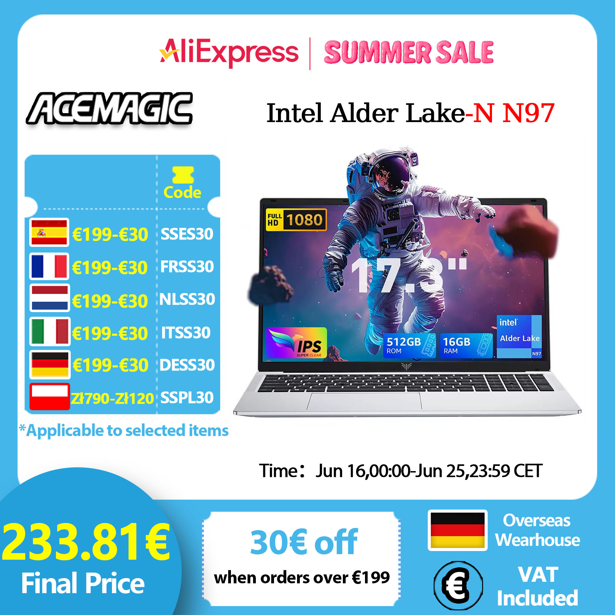 Processador Intel N97 ACEMAGIC AX17, 17,3" Ultar Slim, 6000mAh, 16GB de RAM LPDDR4, 512GB de ROM, Windows 11, BT5.2, Wi-Fi 6