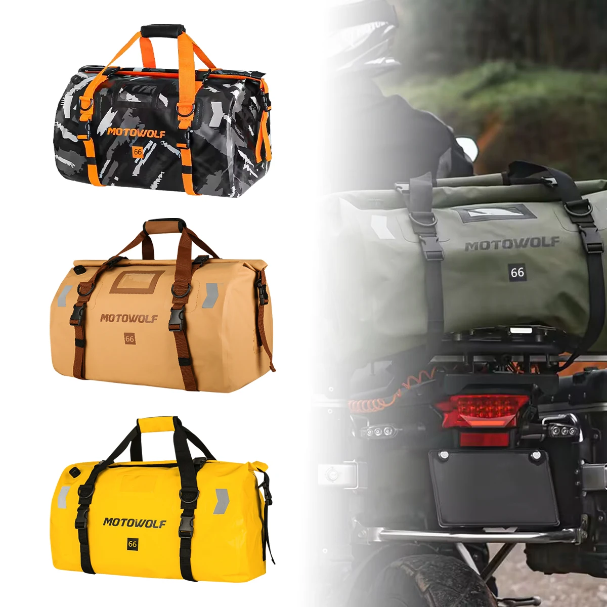 รถจักรยานยนต์กันน้ํา TailBag กลางแจ้งกระเป๋าเดินทางม้วนแพ็คกระเป๋า 20/66/100L รถจักรยานยนต์กระเป๋าเดินทางกระเป๋าเป้สะพายหลังรถจักรยานยนต์ที่นั่งกระเป๋า