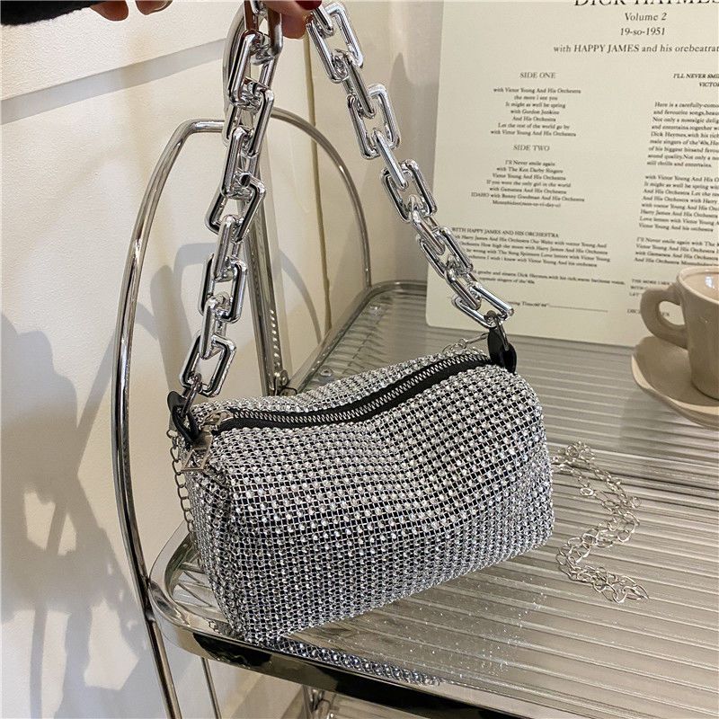 Allover Rhinestone Bucket Bag, brokatowa torebka na studniówkę z łańcuszkiem, damska mini torba na ramię (6,3*3,54) cala