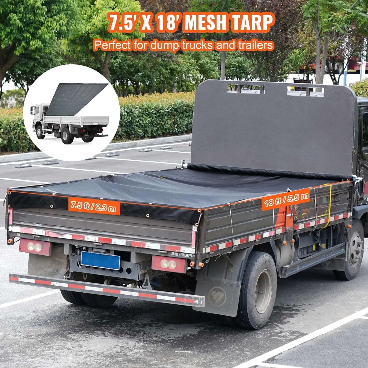 Dump Truck Mesh Tarp, 7.5x18 ft, PVC Coated Black Heavy Duty Cover with 5.5" 18oz Double Pocket