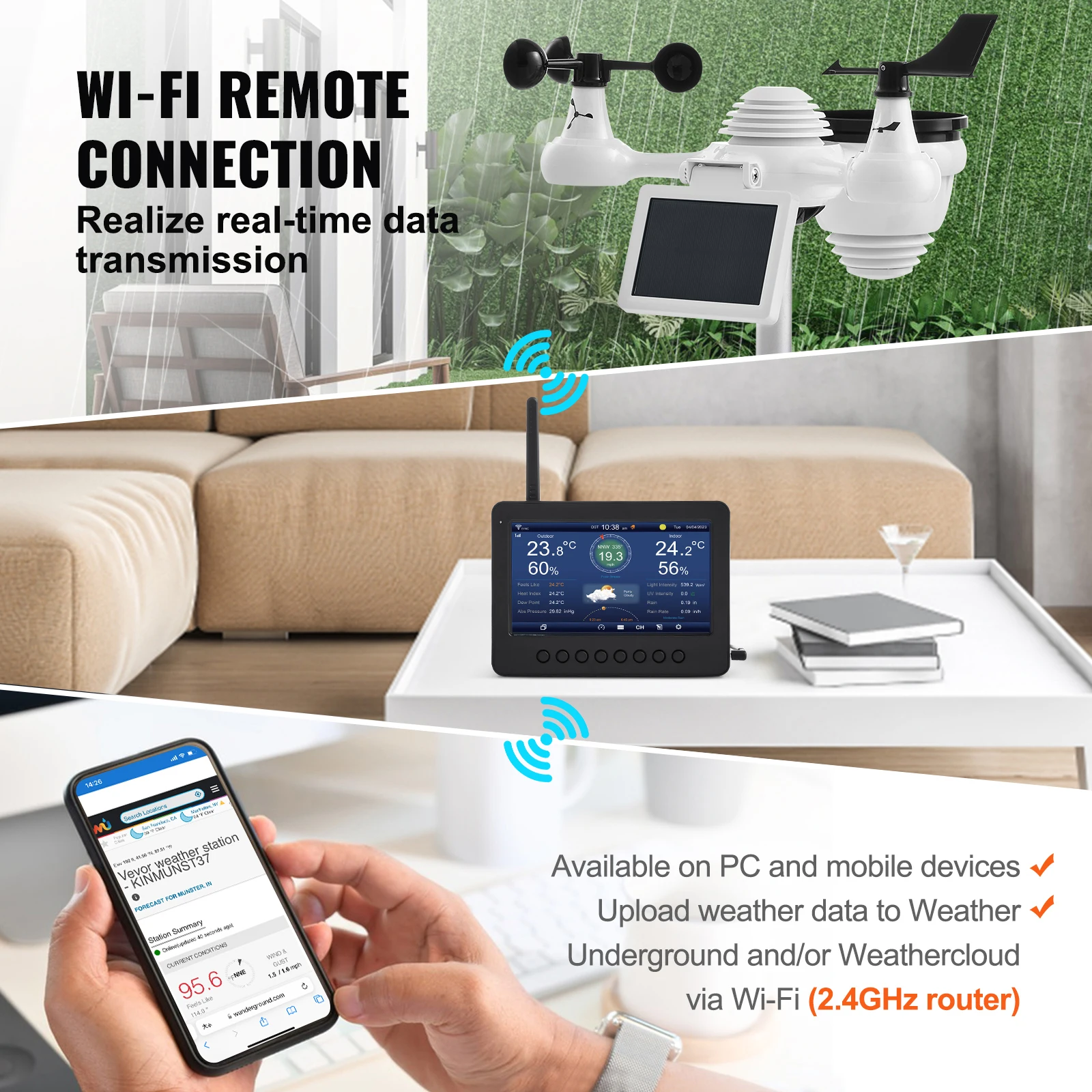 SucceBuy 7-in-1 Wireless Weather Station with Wi-Fi, 7"TFT Colorful Display & Solar-Powered Sensor for Indoor Outdoor Monitoring