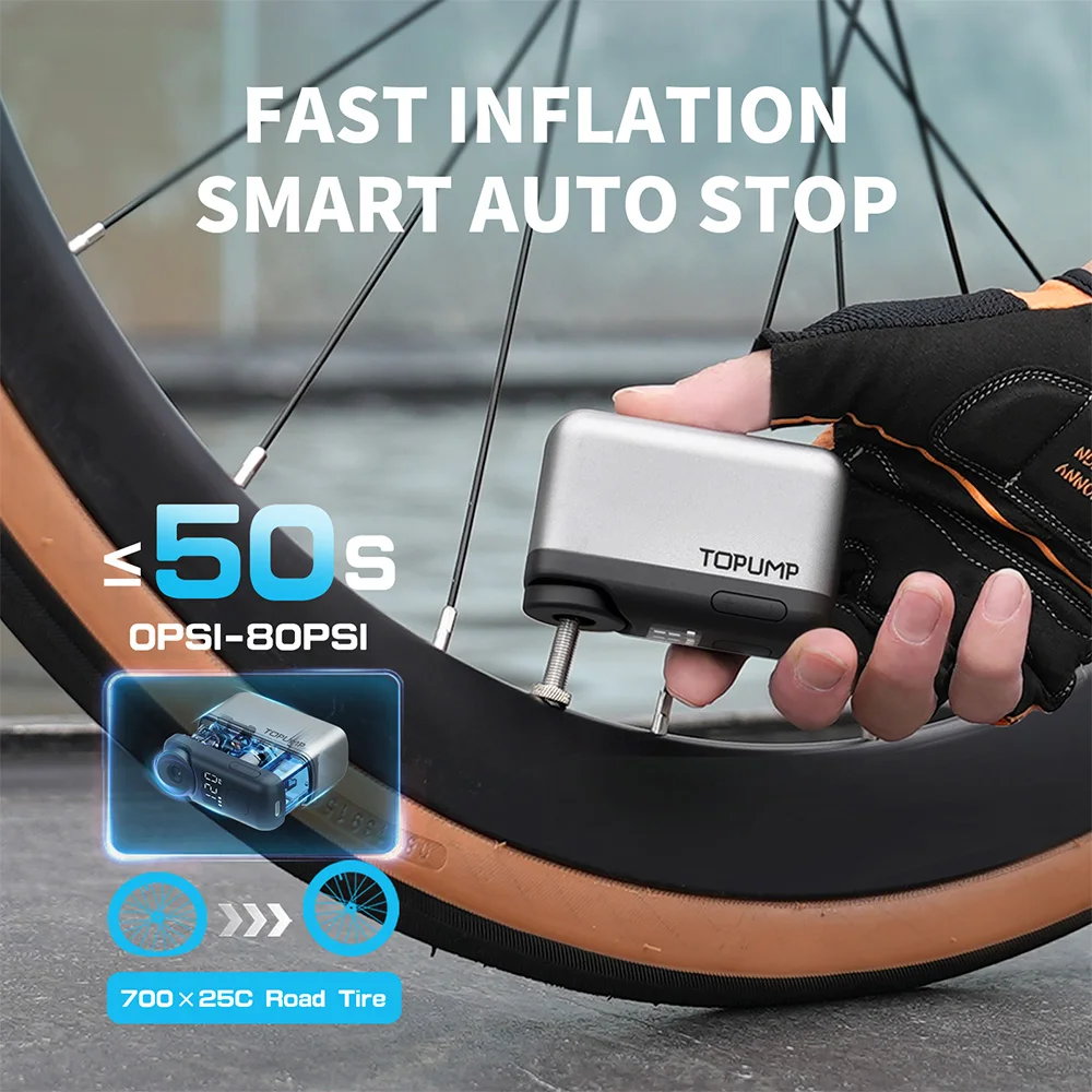 TOPUMP TB2 PRO Electric Mini Portable Pump for Bike Cordless Tire Inflator 120PSI Max 450mAh Battery with Display Fast Charging
