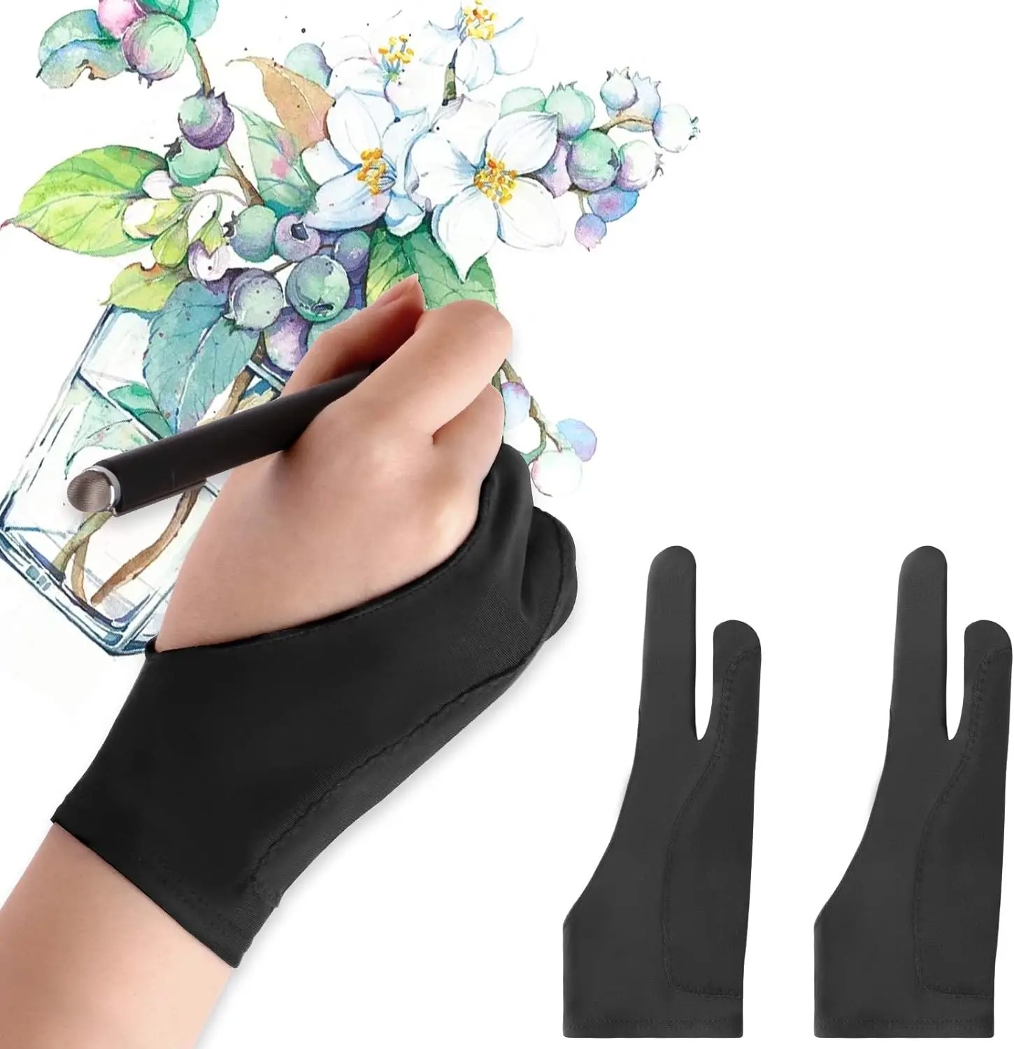 Guantes táctiles de 2 dedos para iPad/tableta de dibujo - Guante de arte digital con fibra de nailon lisa |   Previene las manchas en la pantalla y el papel