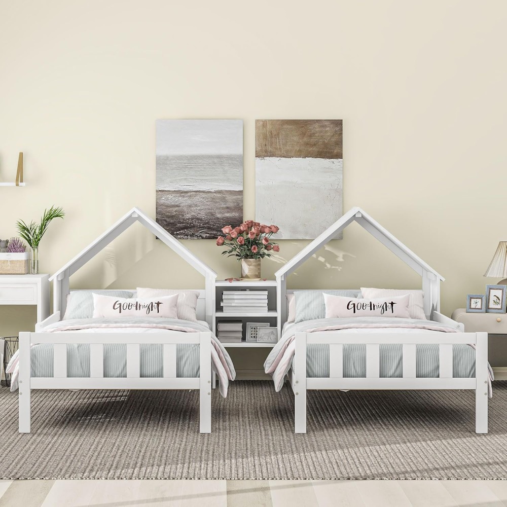 Twin House Bed Frame with Nightstand, Stylish Double House Shaped Bed for Kids and Teens, Perfect for Shared Rooms in Elegant Wh