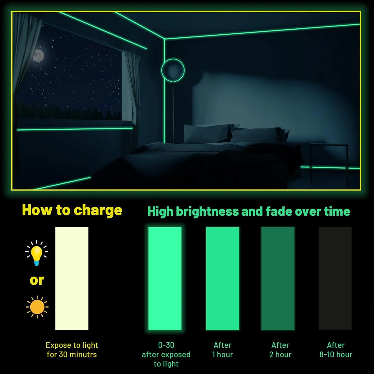 1 rouleau 1CM * 3M ruban lumineux autocollants d'avertissement d'incendie d'escalier scène vert Fluorescent Anti-collision autocollant d'avertissement ruban luminescent