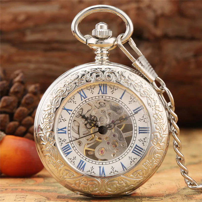 Silber Hand aufzug mechanische Taschenuhr für Männer Frauen römische Nummer halbe Jäger Skelett uhr mit Anhänger Kette Geschenk