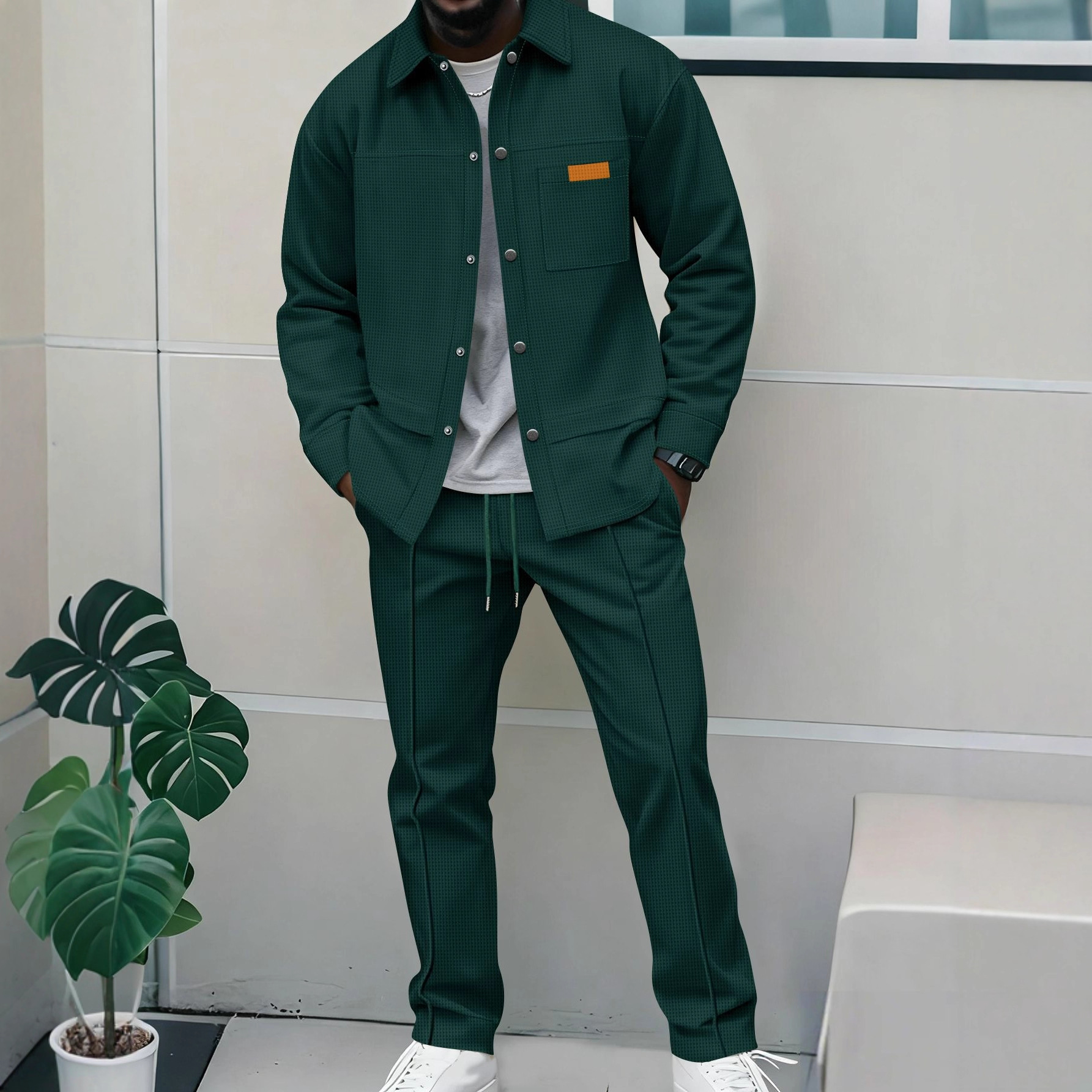 Primavera e outono masculino de alta qualidade waffle cor pura conjunto de jaqueta de bolso - uma roupa elegante e casual de duas peças