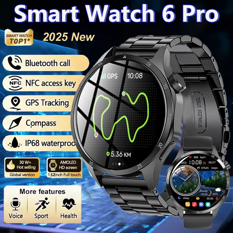 2025 Новые мужские GPS Смарт-часы 360*360 AMOLED Экран Bluetooth Вызов NFC Мониторинг сердечного ритма IP68 Водонепроницаемые умные часы для мужчин
