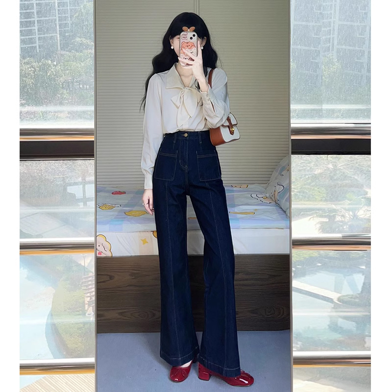 Deep Blue Retro Flared Jeans Women's Spring Autumn High Waist Bell Bottom Pants Drapey Wide Leg Floor Length Trousers