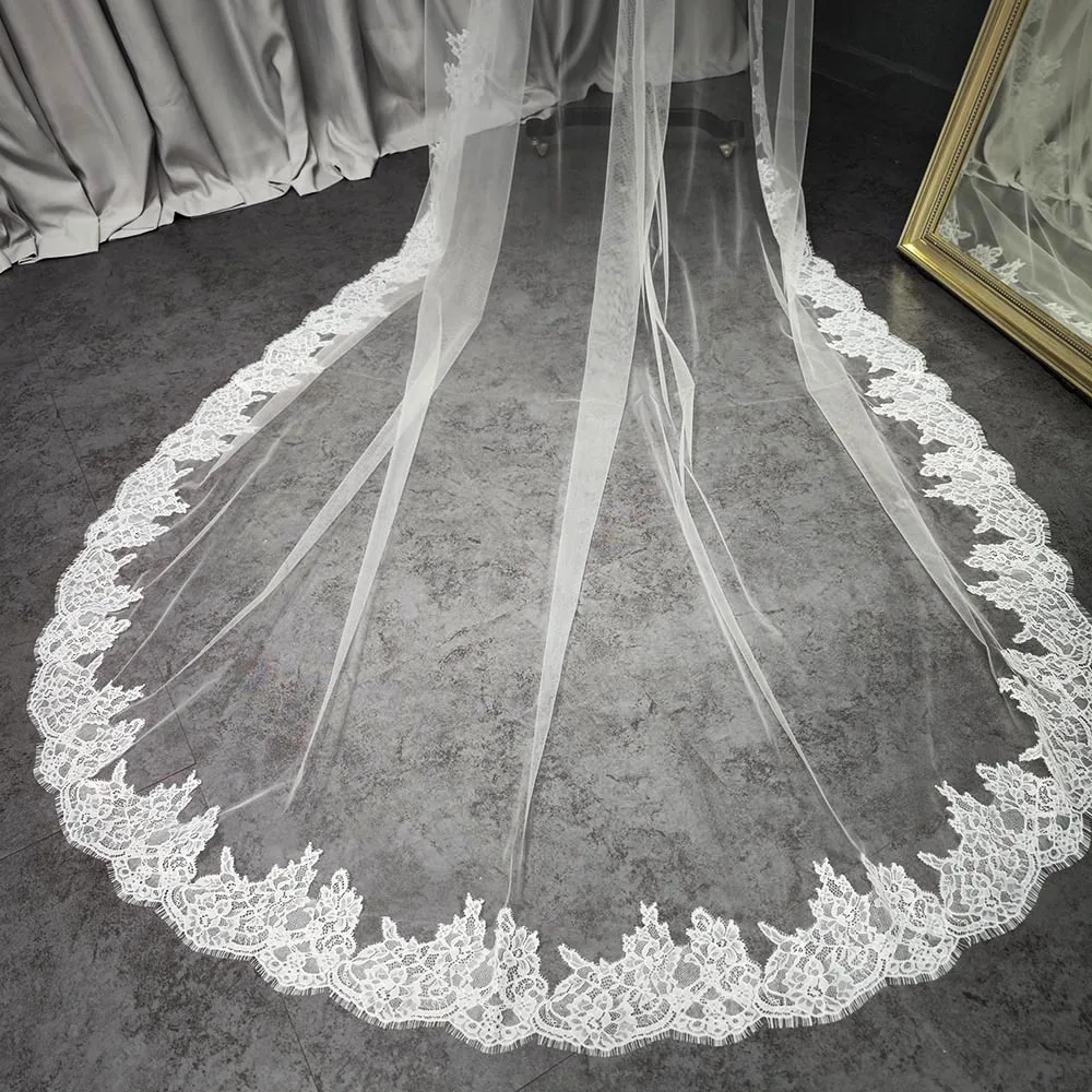 Véu de casamento romântico personalizado com renda de cílios, véu de noiva com pente oculto, 3m de comprimento, 1.5m de largura, marfim, camada única