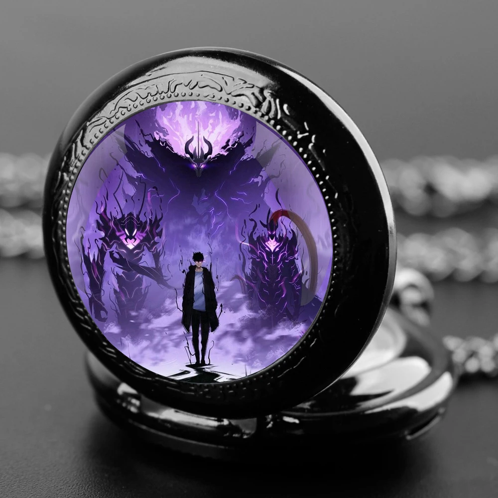 อะนิเมะ Solo Leveling แก้วโดมนาฬิกาพ็อกเก็ตพร้อมสร้อยคอสร้อยคอ Vintage Quartz จี้นาฬิกาบุรุษสตรีของขวัญ