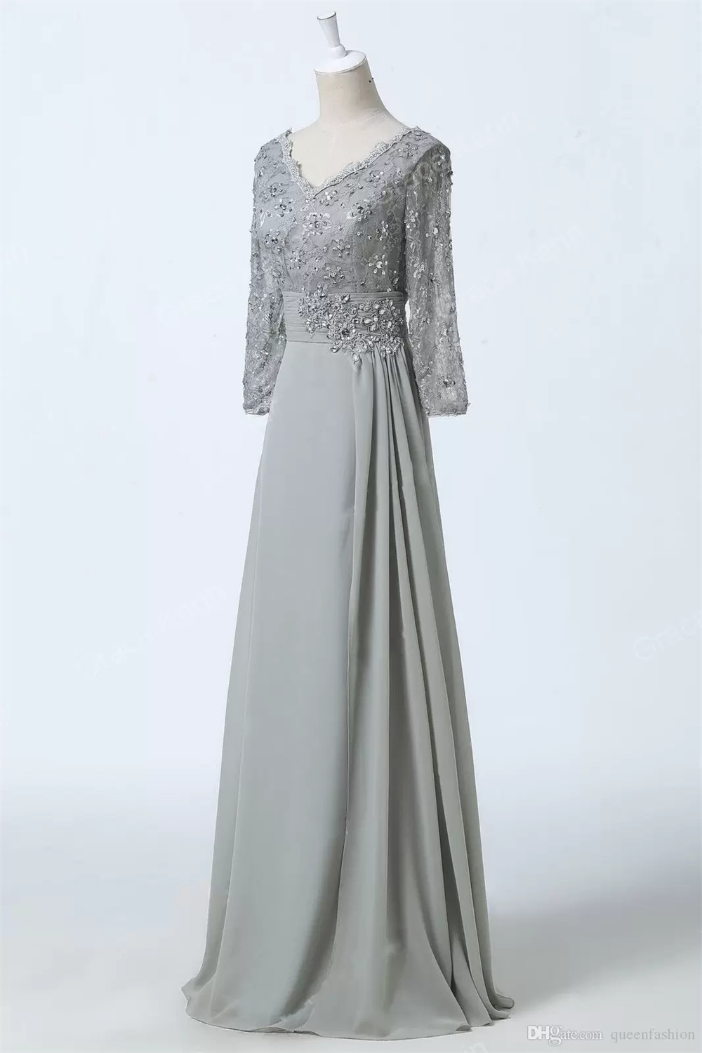 Personalizado Mulheres Evening Prom Party com mangas longas Chiffon V-Neck Wedding Guest Floor Length Low Back Mãe do vestido da noiva