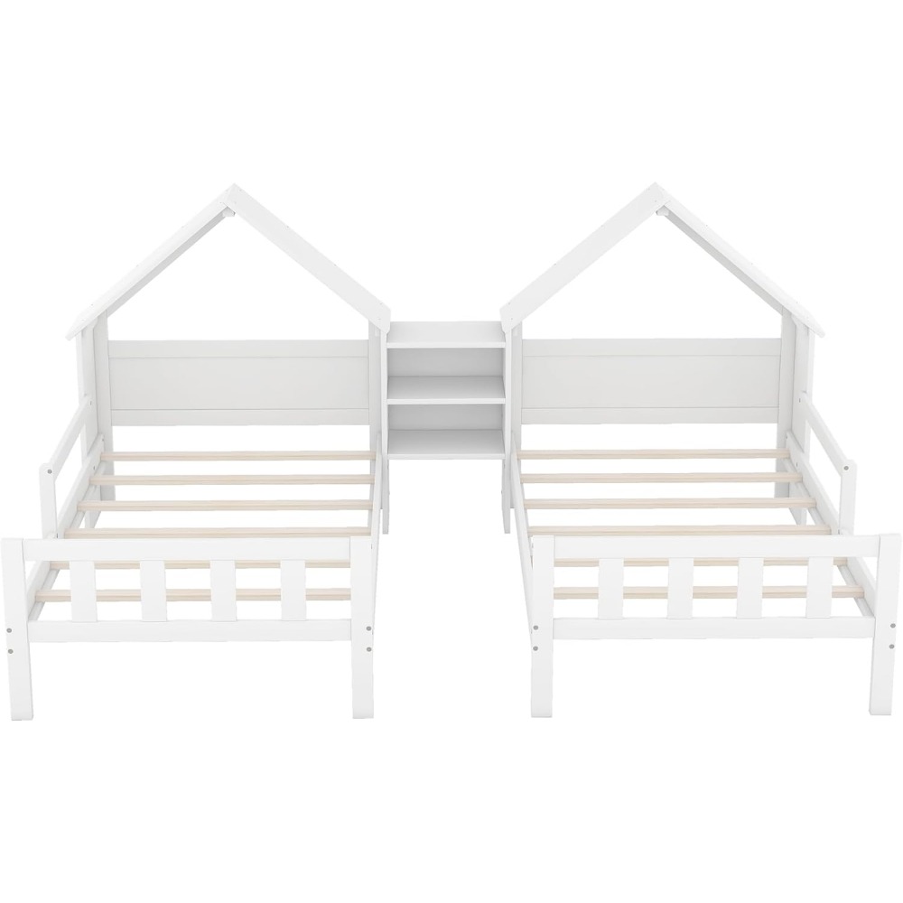 Twin House Bed Frame with Nightstand, Stylish Double House Shaped Bed for Kids and Teens, Perfect for Shared Rooms in Elegant Wh