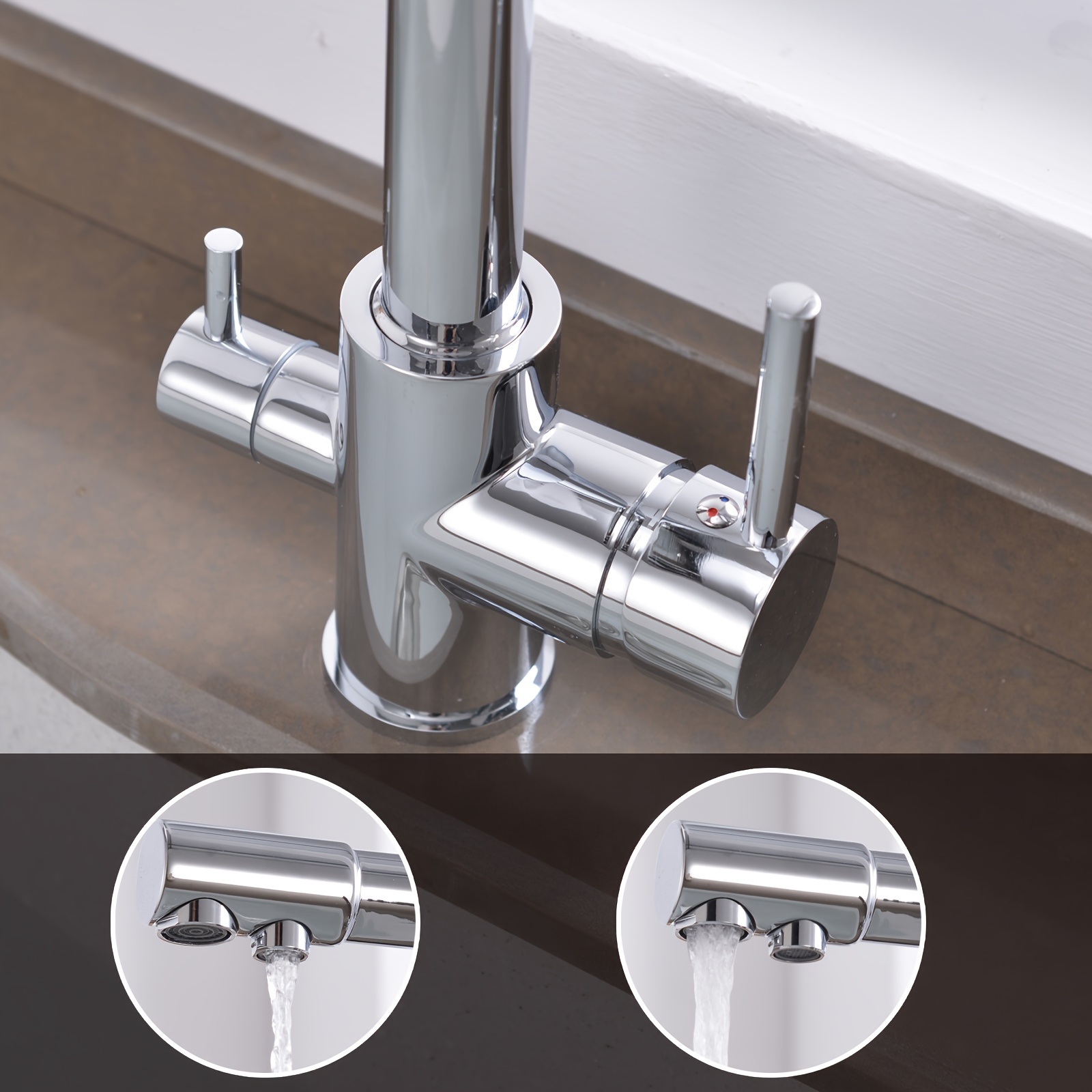 Grifo de cocina chromé, caño giratorio doble, filtro purificador de agua potable, fregadero de latón, grifo mezclador 3 en 1