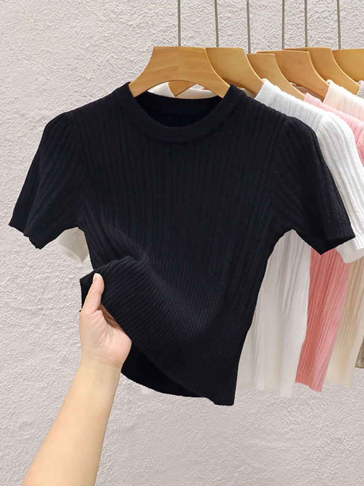 2025 夏の Tシャツ女性のためのカジュアル女性韓国ニットストリート Tシャツ基本固体ヤングクールトップス