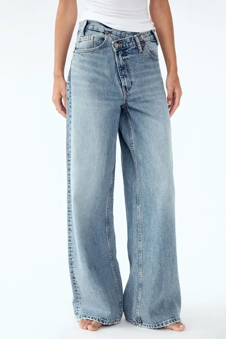 2025, neue Damen-Jeans mit weitem Bein, Vintage, unregelmäßig gewaschen, Denim-Hose, ästhetische Baggy-gerade, asymmetrische Jeans mit hoher Taille
