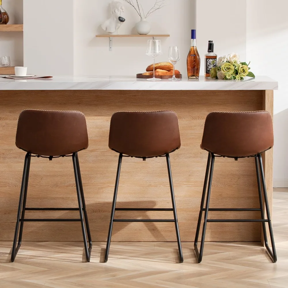 3-Piece 26 Inch Brown Faux Leather Bar Stools with Backrest – Ideal for Kitchen Island & Counter