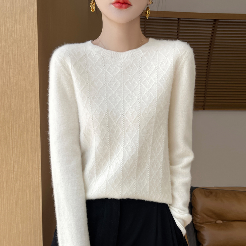 Autumn Winter 100% Wool Sweater Women Elegent O-neck Sweater Flower Long Sleeve Top Fashion Knit Female Pullover Pull Jumper