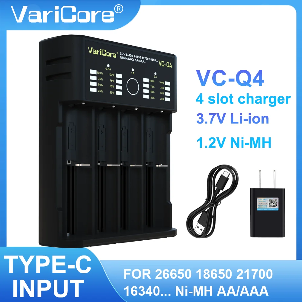 VariCore VCQ4 4-slot Intelligent Battery Charger Portable for 3.7V Lithium 18650 26650 21700 18500 18350 1.2V NI-MH Ni-Cd AA AAA